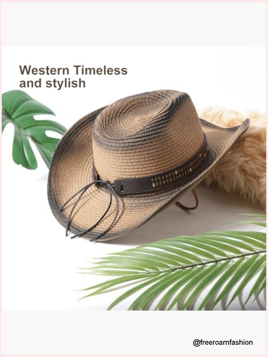 Straw Cowboy Hat with Shapeable Brim, Breathable Woven Hollow Out, Adjustable, main image 4